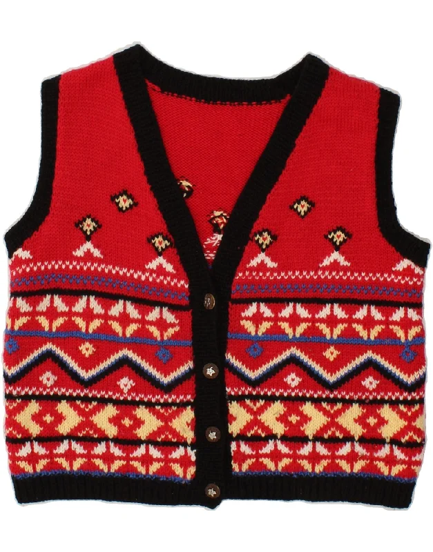 VINTAGE Womens Sleeveless Cardigan Sweater UK 14 Large Red Fair Isle