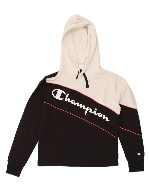 CHAMPION Womens Graphic Hoodie Jumper UK 12 Medium Black Colourblock