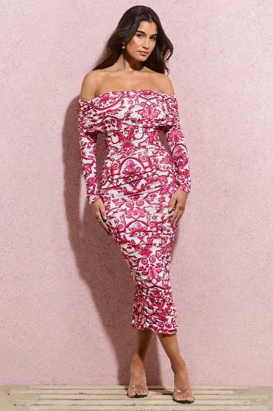 Deal Explosion Over Love | Pink Porcelain Print Bardot Midi Dress