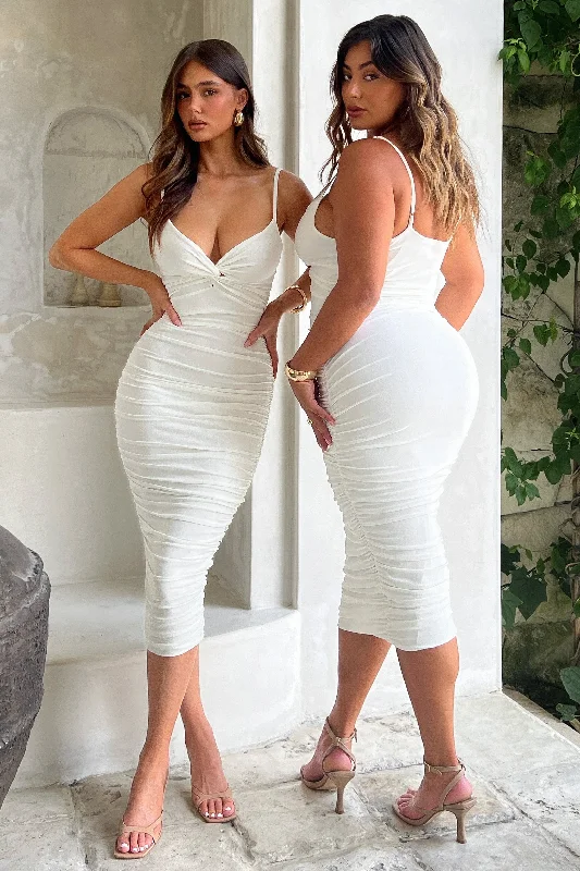 Price Slash Desired | White Knot Detail Ruched Midi Dress