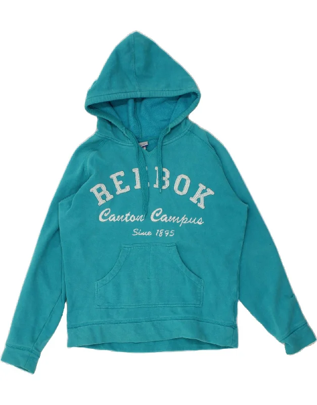 REEBOK Womens Graphic Hoodie Jumper UK 14 Large Blue Cotton