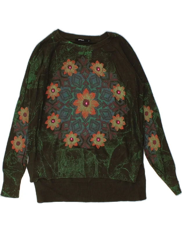 DESIGUAL Womens Graphic Boat Neck Jumper Sweater UK 14 Medium Green Floral