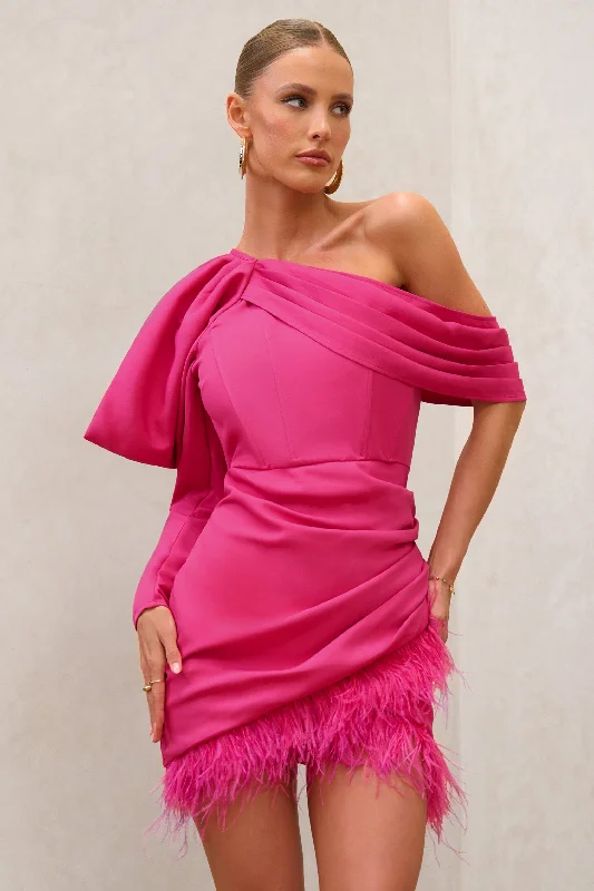 Act Fast RSVP | Hot Pink Asymmetric Volume Sleeve Draped Feather Mini Dress