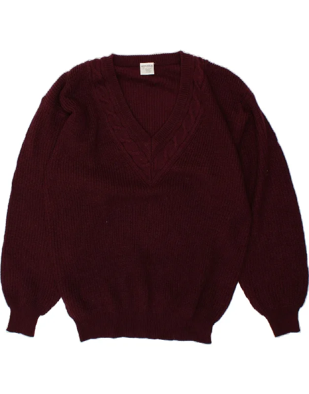 VINTAGE Womens V-Neck Jumper Sweater UK 18 XL Maroon Polyacrylic