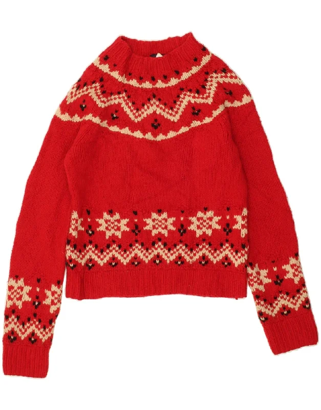 J. CREW Womens Turtle Neck Jumper Sweater UK 12 Medium Red Fair Isle Wool