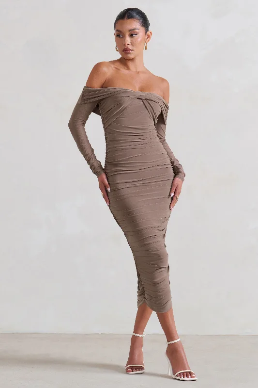Epic Deals Neva | Mocha Bardot Twist Midi Dress