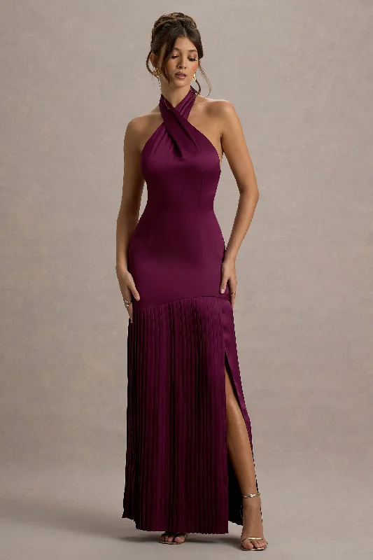 Can't Be Beat Sansa | Burgundy Satin Cross Halter-Neck Plisse Maxi Dress
