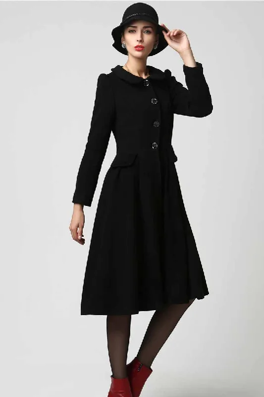 Womens Long Black Wool Coat with Ruffled Collar 1125#