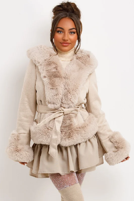 Faux Fur Faux Suede Jacket With Belt Beige