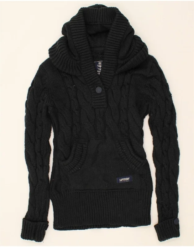 SUPERDRY Womens Hooded V-Neck Jumper Sweater UK 14 Large Black Acrylic