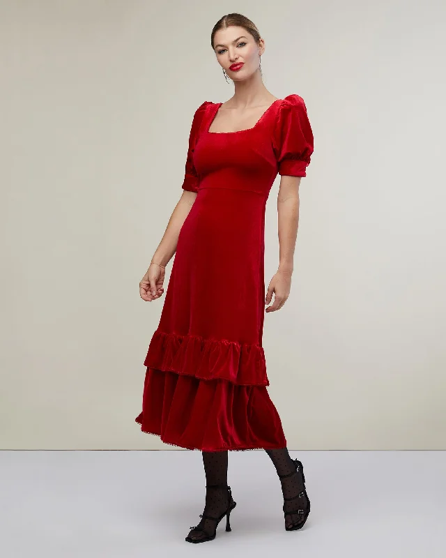 New Markdowns Puff Sleeve Peplum Skirt Midi Dress