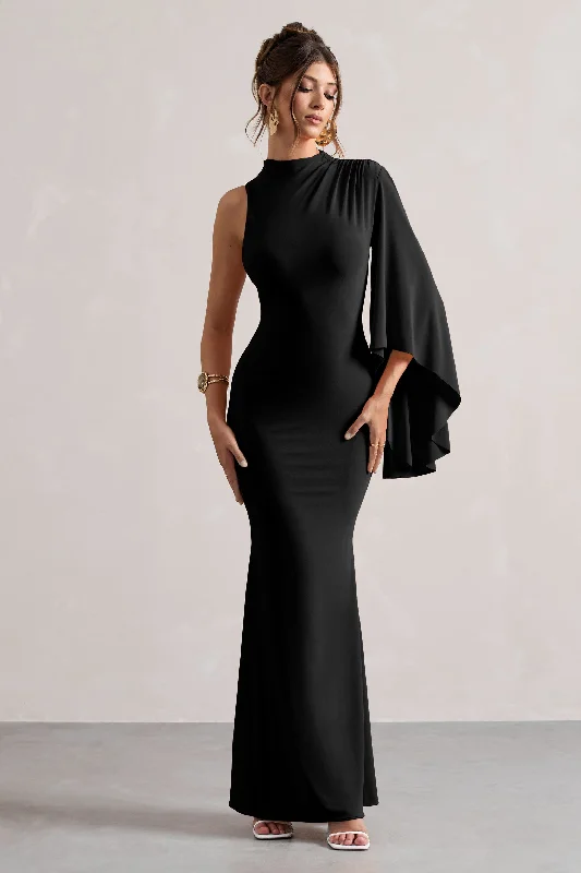 Price Drop Samaya | Black High-Neck Cape-Sleeve Maxi Dress