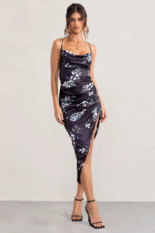 Year-End Clearance Risk It All | Black Floral Print Cowl Neck Satin Asymmetric Hem Midi Dress