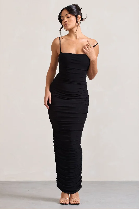 Friends and Family Sale Ellis | Black Ruched Mesh Strappy Bodycon Maxi Dress