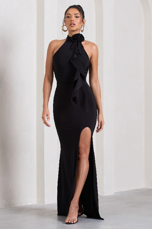 Crazy Deals Wanderer | Black Ruched Halter-Neck Split Maxi Dress With Flower