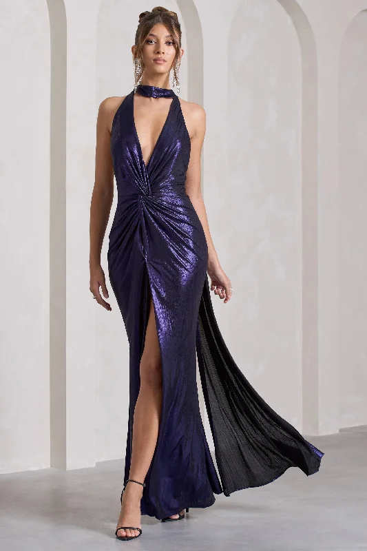 Don't Wait Lost | Purple Metallic Halter-Neck Cut-Out Split Maxi Dress With Drape