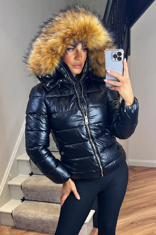 Faux Fur Hood Puffer Jacket Black