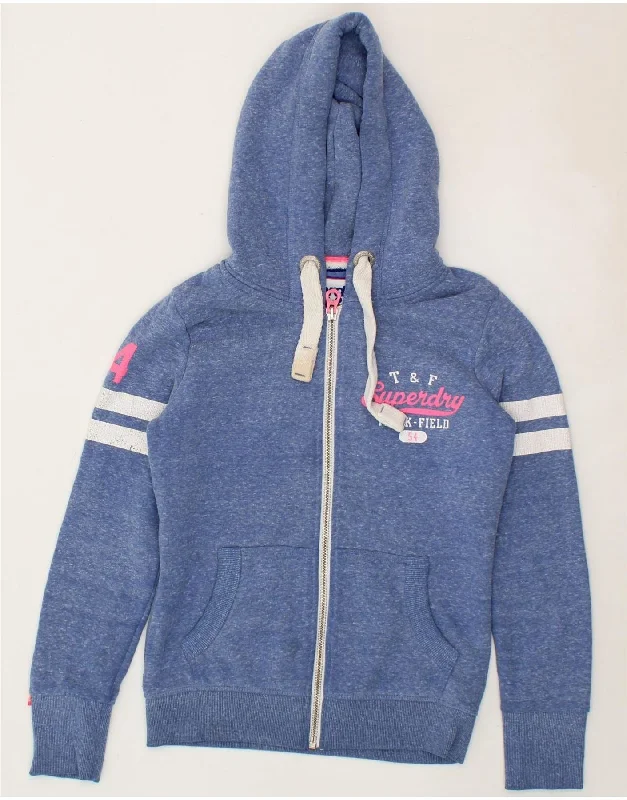 SUPERDRY Womens Graphic Zip Hoodie Sweater UK 10 Small Blue Polyester