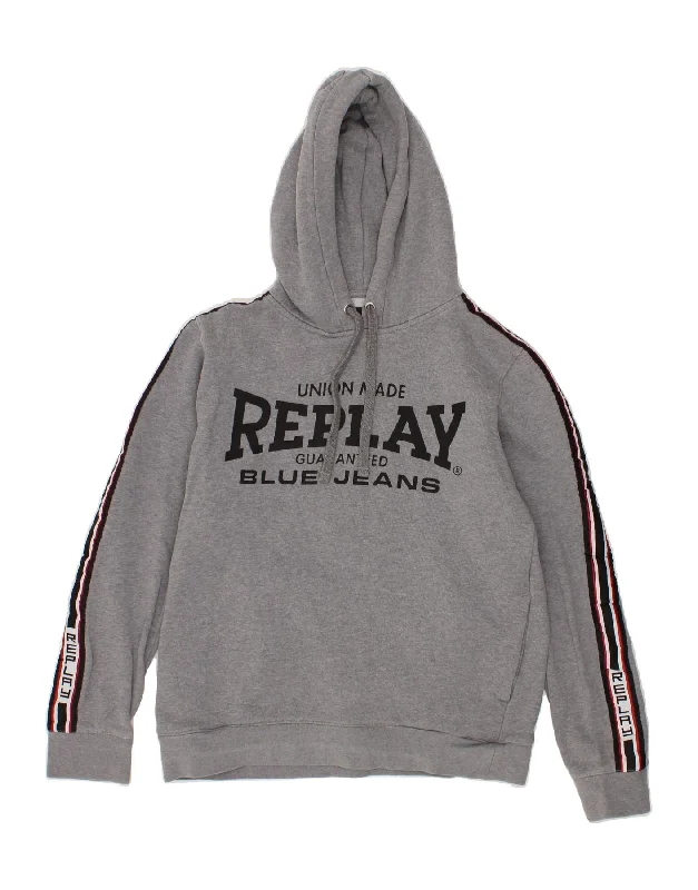 REPLAY Womens Graphic Hoodie Jumper UK 16 Large Grey Cotton