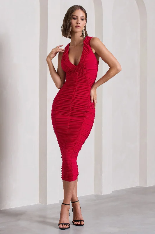 Deal Dash Tempting Fate | Red Ruched Bodycon V-Neck Midi Dress