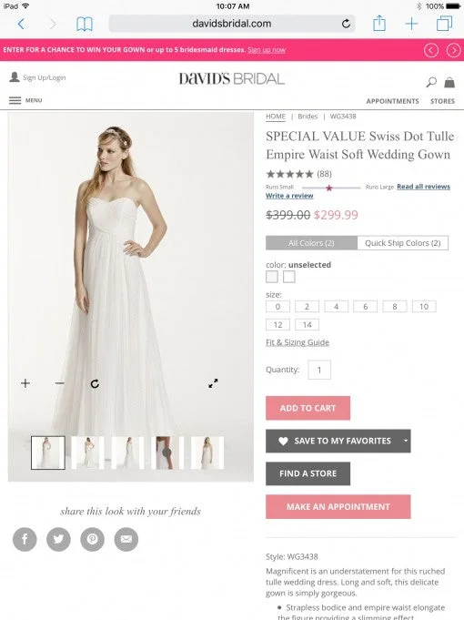 Limited Availability David's Bridal David's Bridal Swiss Dot Tulle Empire Waist Soft W