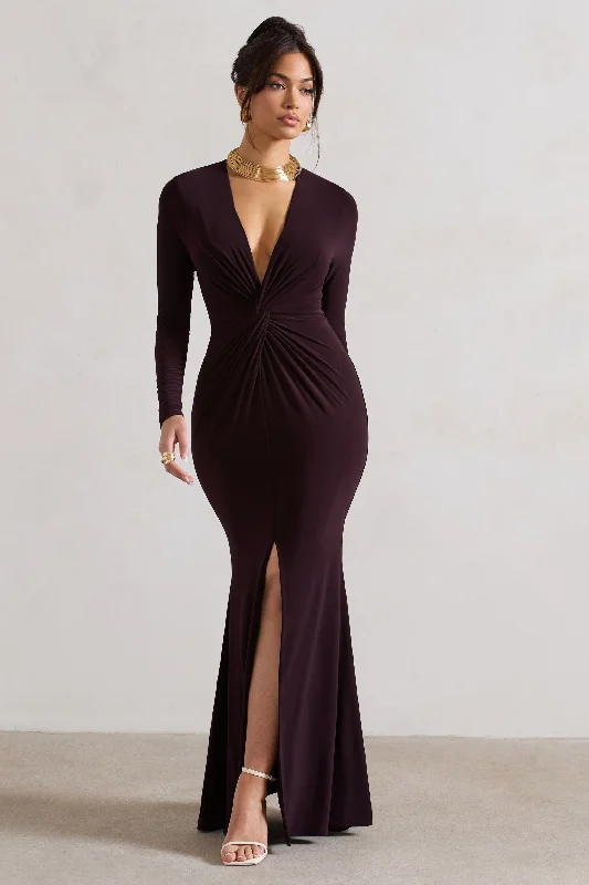 Don't Wait Tianna | Dark Plum Plunge-Neck Twisted Split Maxi Dress