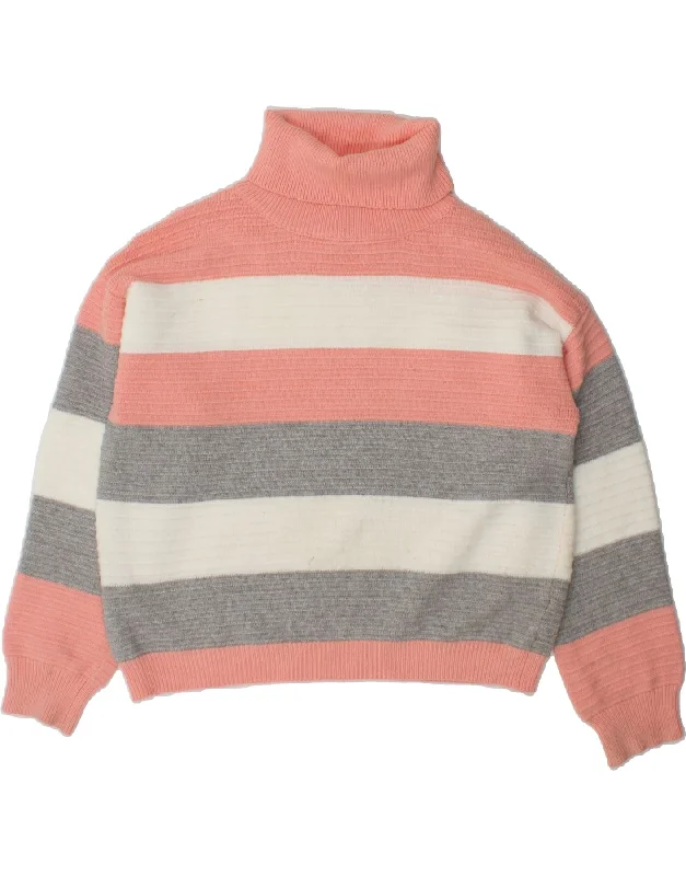 VINTAGE Womens Roll Neck Jumper Sweater UK 12 Medium Pink Striped Viscose