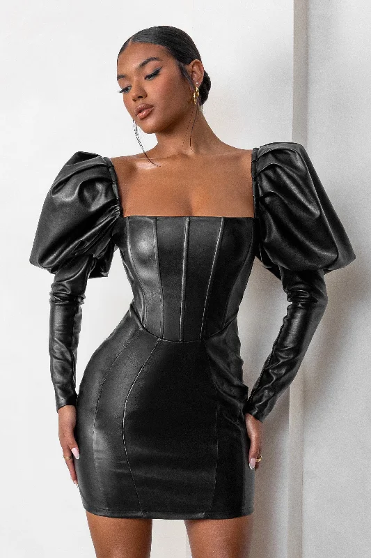 Blowout Deals Karyme | Black Faux Leather Puff Sleeve Mini Dress With Corset Detail