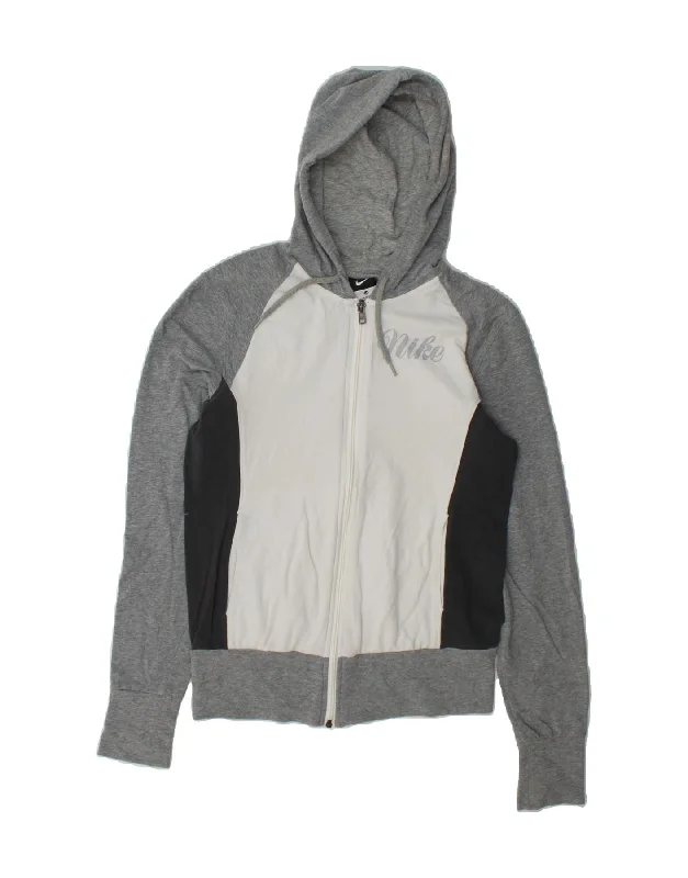 NIKE Womens Graphic Zip Hoodie Sweater UK 14 Medium Grey Colourblock