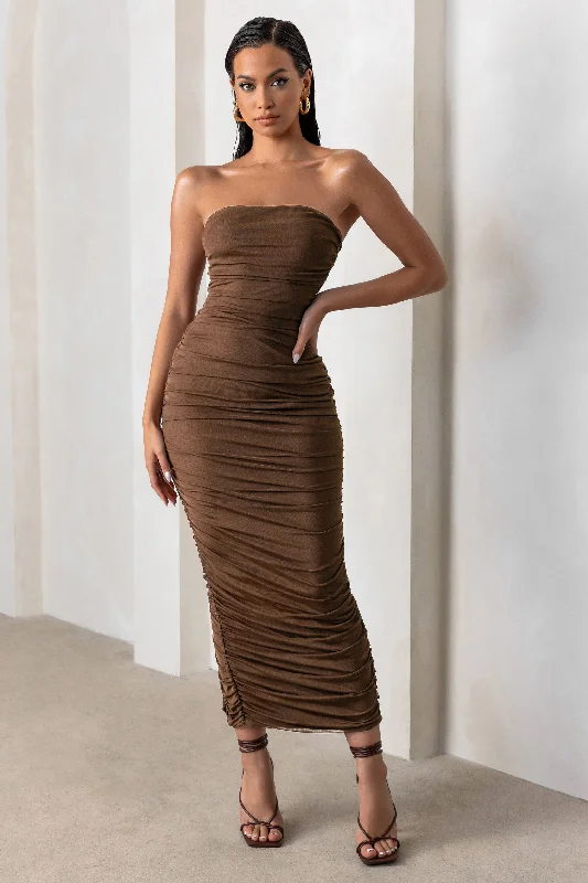 Markdown Madness My Lady | Chocolate Brown Strapless Bodycon Ruched Mesh Maxi Dress