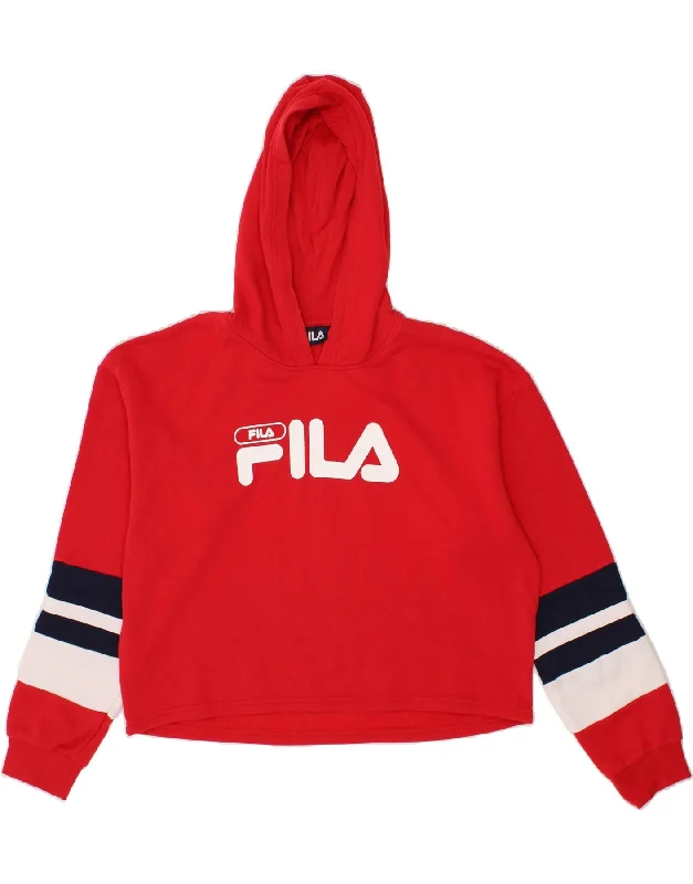 FILA Womens Crop Graphic Hoodie Jumper UK 18 XL Red Colourblock Cotton