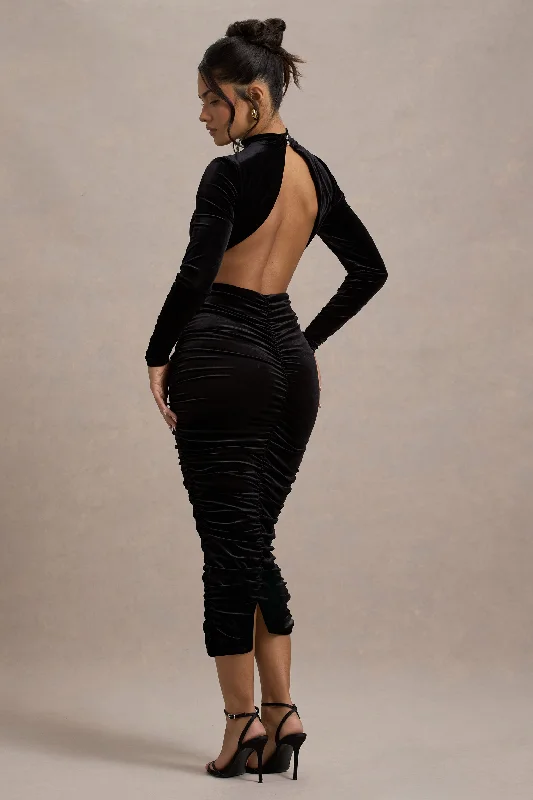 Online Only Joanna | Black Velvet High-Neck Backless Midi Dress