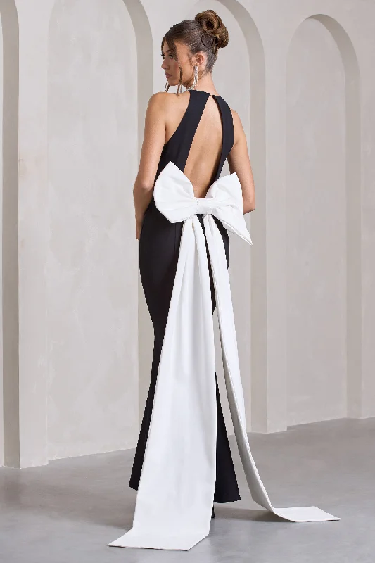 Crazy Savings Bestow | Black Open-Back Maxi Dress With Oversized White Bow