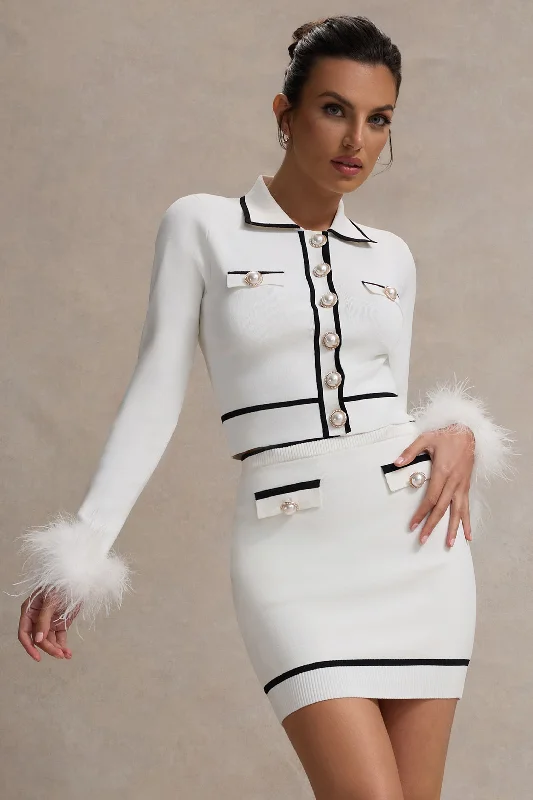 Price Cut Coco Crush | Cream Knit Cropped Cardigan With Feather Cuffs