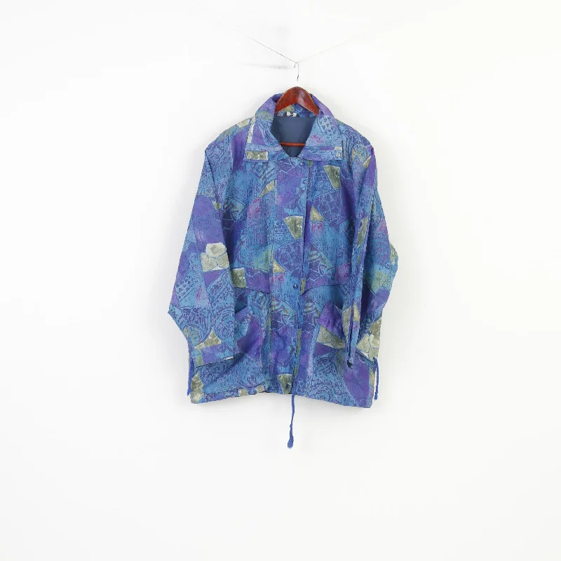 Vintage Women 44 XL Jacket Blue Retro Abstract Print Full Zipper Outdoor Collar Pockets Top