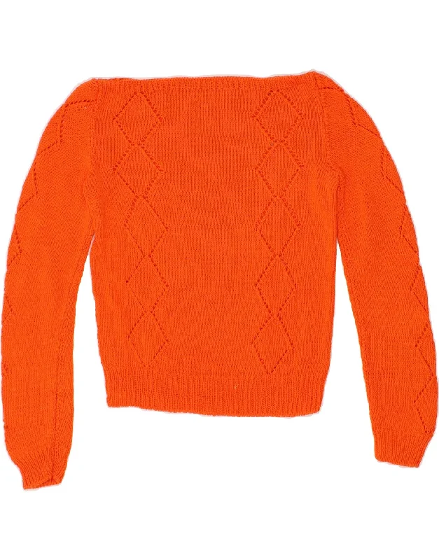 VINTAGE Womens Boat Neck Jumper Sweater UK 10 Small Orange Argyle/Diamond