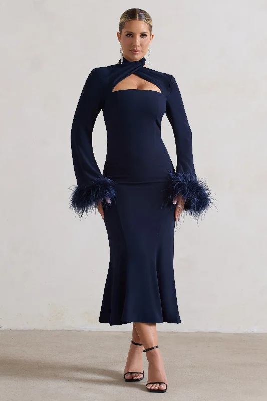 The Best Prices Monroe | Navy Cross Halter-Neck Midi Dress With Feather Cuffs