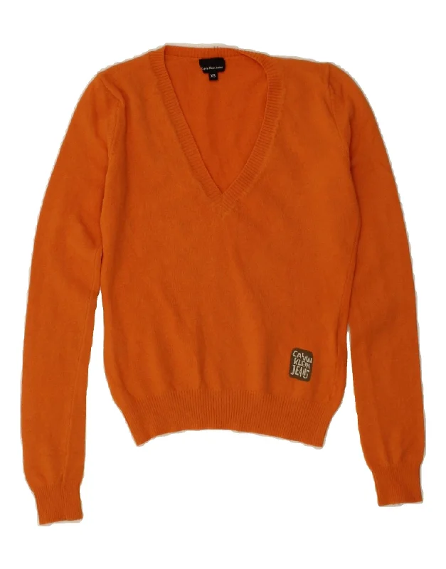 CALVIN KLEIN JEANS Womens V-Neck Jumper Sweater UK 6 XS Orange Wool