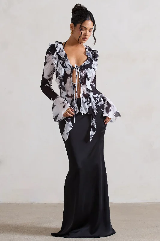 Holiday Sale Serita | Black Satin Split Maxi Skirt