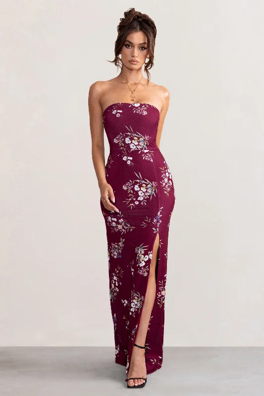 Exclusive Online Offer Camila | Burgundy Floral Print Strapless Maxi Dress With Thigh Split