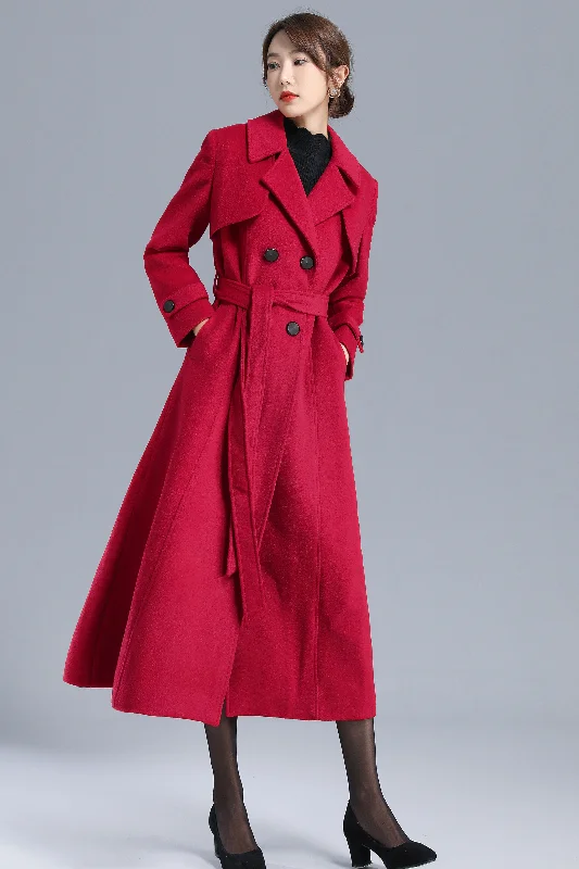 Red Long Wool Belted Coat Women 3206