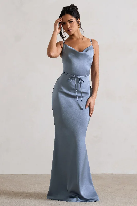 Doorbuster Deal Lifetime | Slate Blue Satin Cowl Neck Maxi Dress With Cross Back Detail
