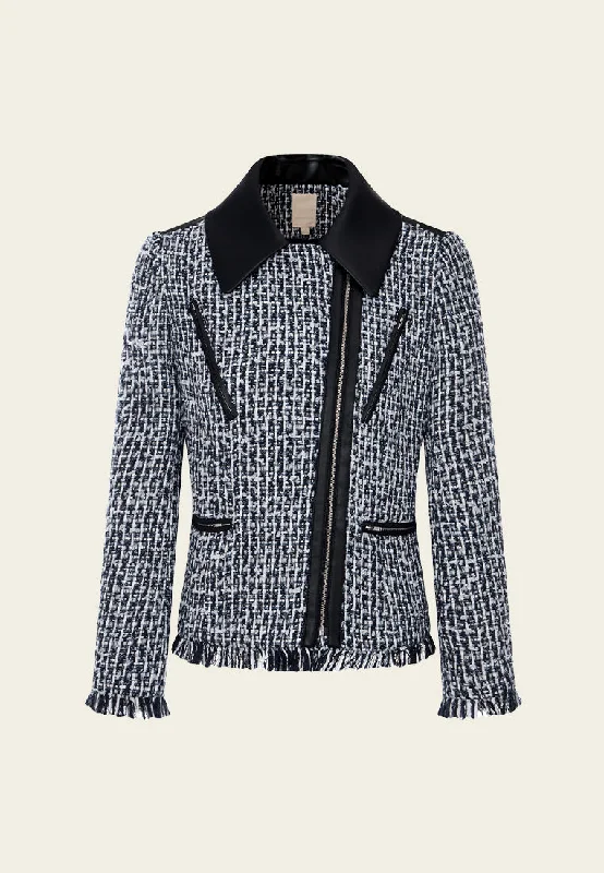 Faux-leather Trim Frayed-detail Mixed Tweed Jacket