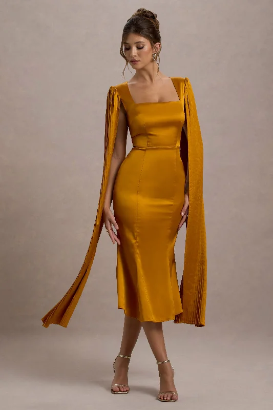 Factory Direct Sale Nalda | Mustard Square-Neck Midi Dress With Cape Sleeves