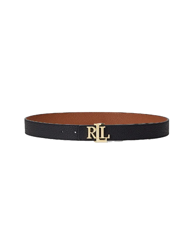 Logo Reversible Pebbled Leather Belt - Black