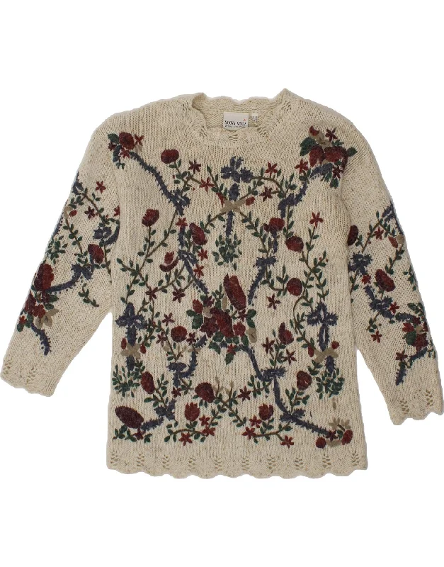 VINTAGE Womens Longline Crew Neck Jumper Sweater UK 12 Medium Beige Floral