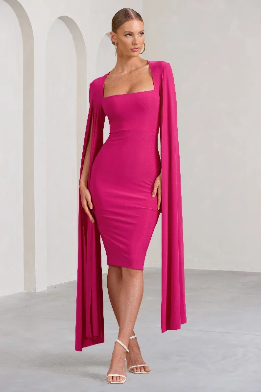 New Arrival Flawless | Hot Pink Square Neck Midi Dress With Cape Sleeves