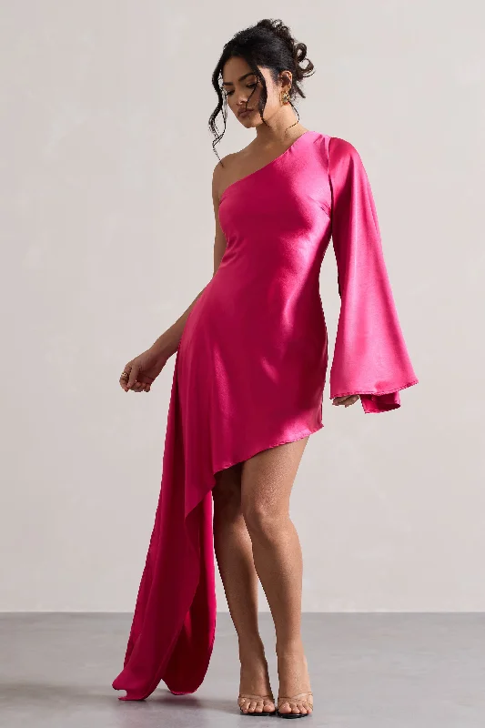 Midnight Madness Hanna | Hot Pink One Shoulder Asymmetric Draped Satin Mini Dress