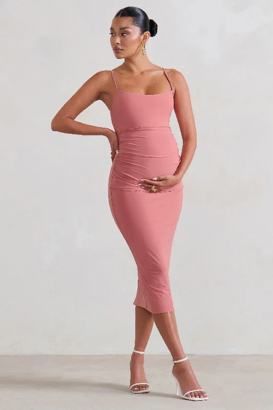 Final Clearance Raquel | Pink Maternity Cami Midi Dress With Split