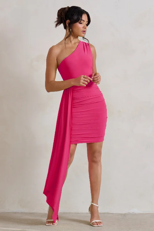 Online Specials Charlie | Pink One Shoulder Ruched Mini Dress With Statement Drape